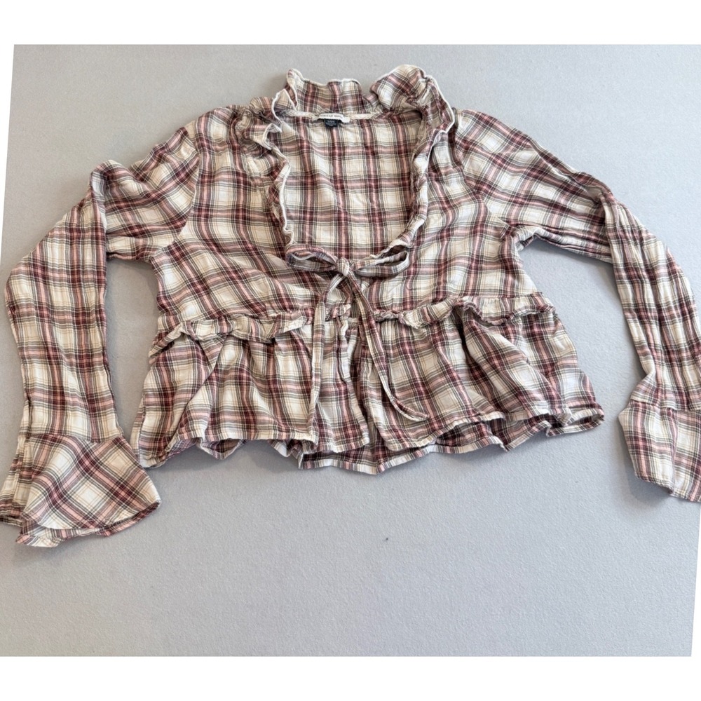 American Eagle Plaid Flannel Ruffle Neck Drawstring Waist Top Brown Pink Large